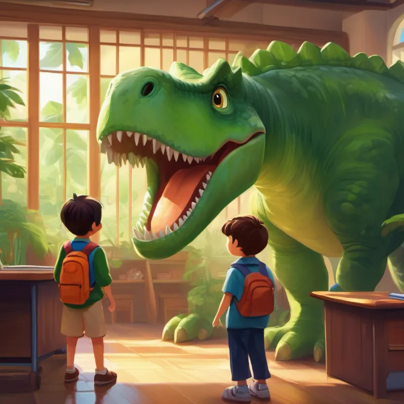 Entering school, classmates fascinated, teacher introducing Large green dinosaur, kind eyes, always smiling