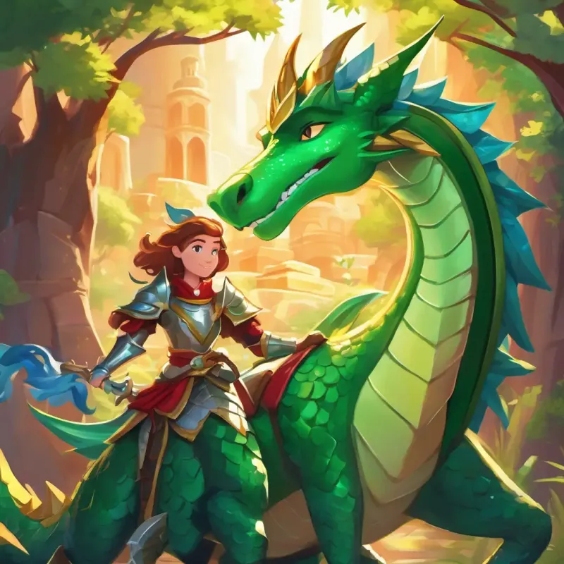 Lily: Fair skin, sparkling green eyes, adventurous spirit meets Sir Theo: Bold knight, shimmering armor, loyal heart and a playful dragon as they embark on a quest to find the king's treasure.