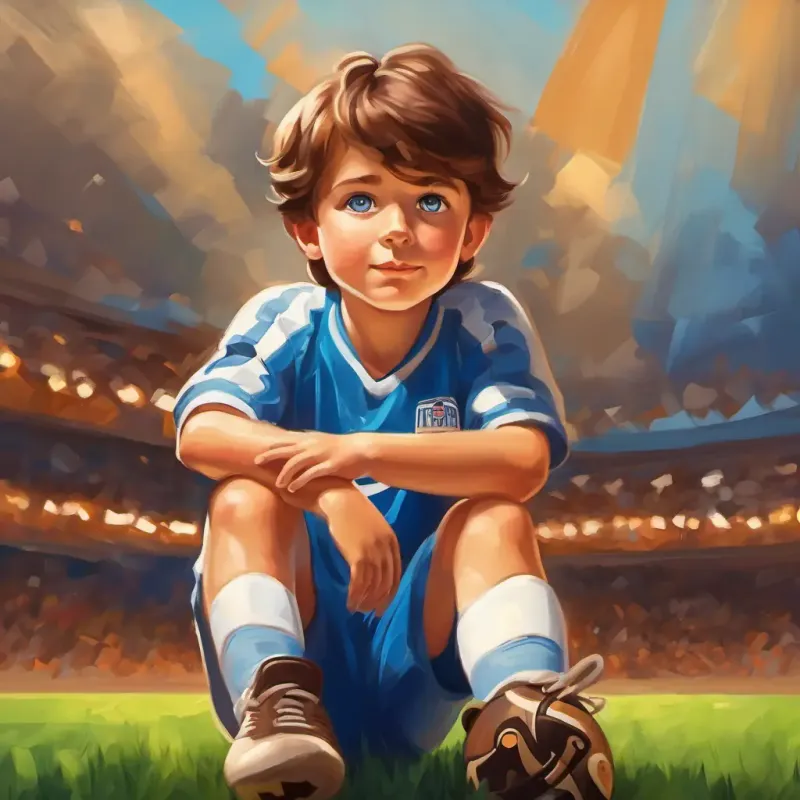 Small boy, big dreams, brown hair, blue eyes's daydreams of being a celebrated football player.