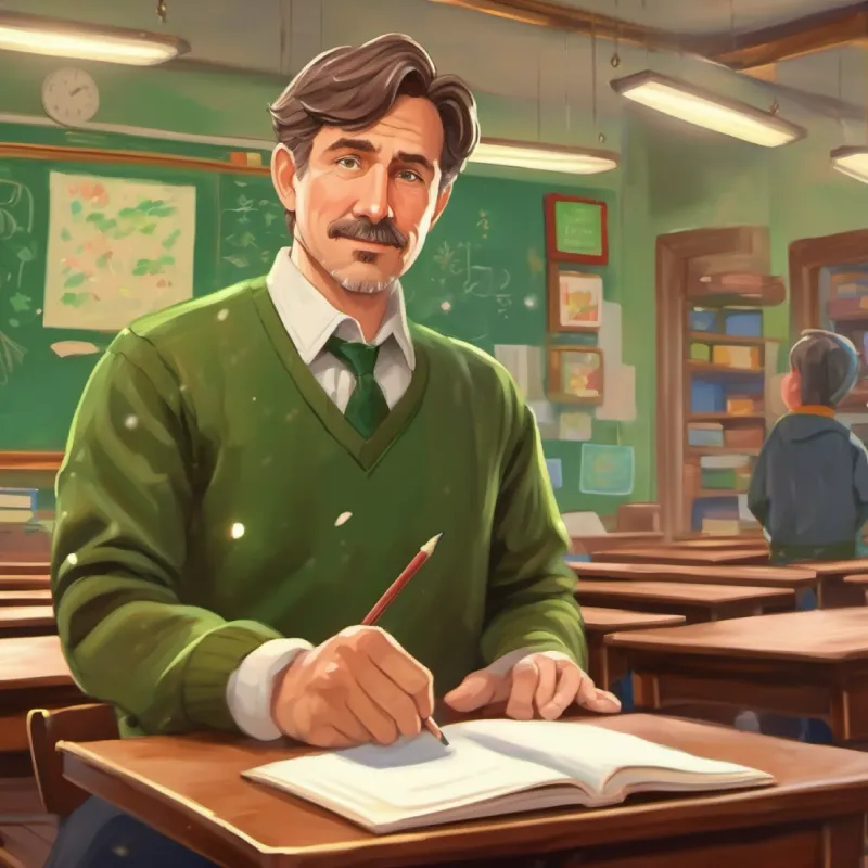 Middle-aged man, short brown hair, soft green eyes enters the classroom, filled with nostalgia.