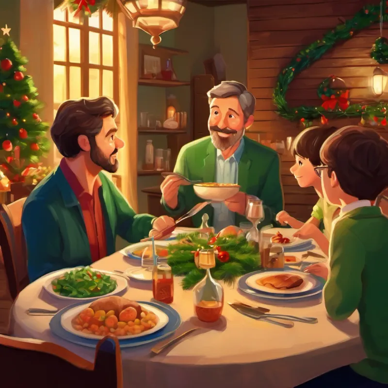 Family dinner, Middle-aged man, short brown hair, soft green eyes shares his inspirational day.