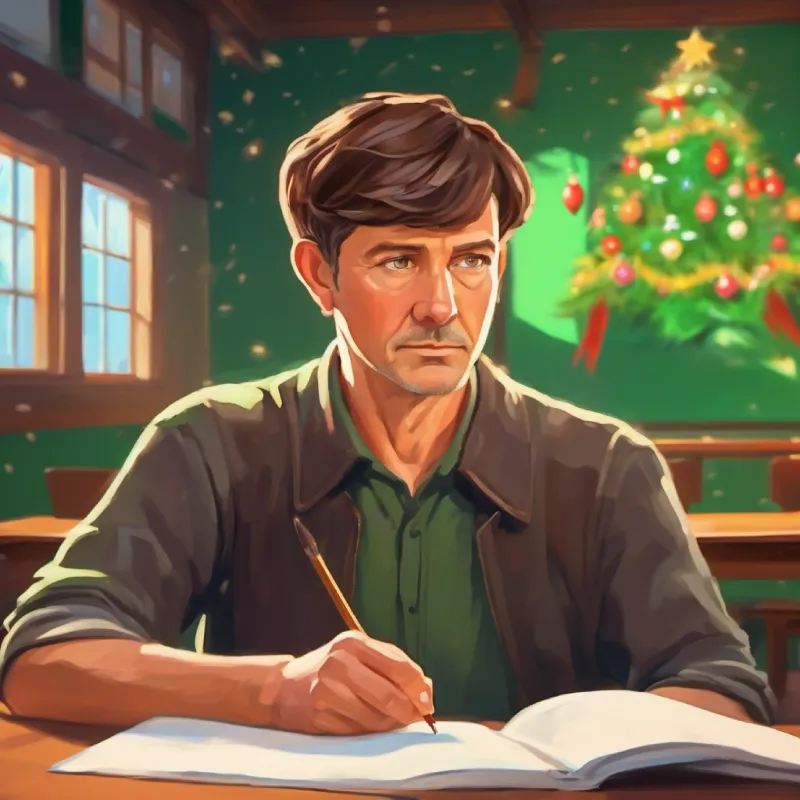 Middle-aged man, short brown hair, soft green eyes reflects alone in the now quiet classroom.