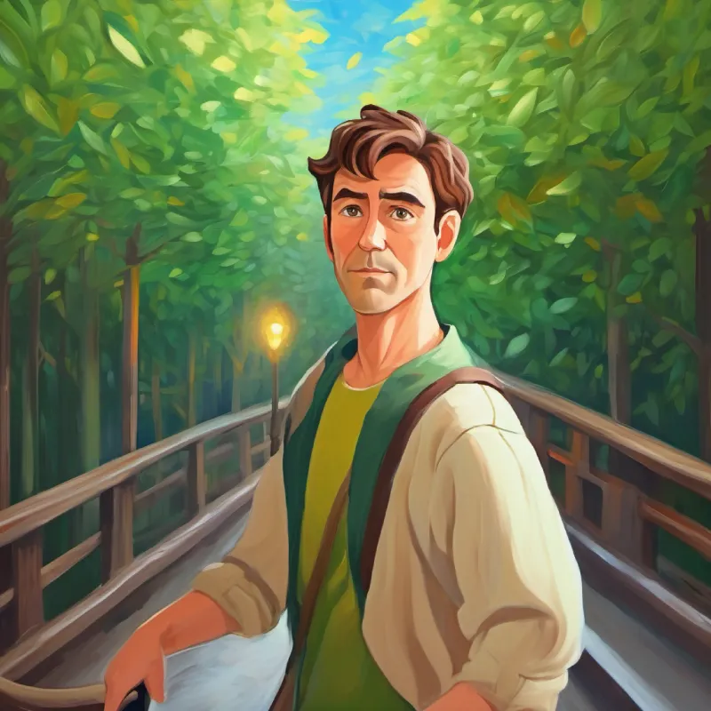 Middle-aged man, short brown hair, soft green eyes heads home, contemplative and fulfilled.