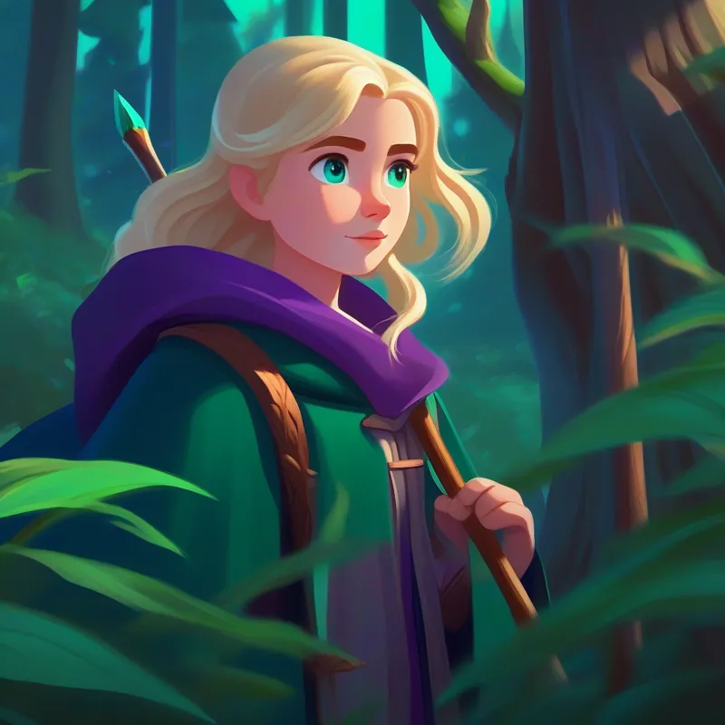 Lily: Blonde hair, emerald green eyes, wearing a purple cloak and Alex: Brown hair, blue eyes, holding a wooden staff exploring the enchanting forests of Teldrassil.
