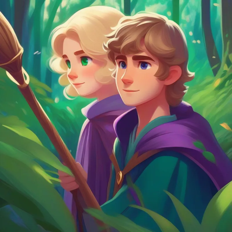 Lily: Blonde hair, emerald green eyes, wearing a purple cloak and Alex: Brown hair, blue eyes, holding a wooden staff enjoying a peaceful moment in a hidden glade.