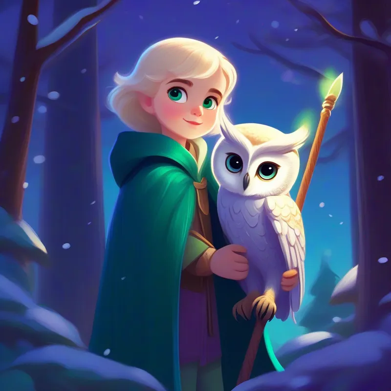 Lily: Blonde hair, emerald green eyes, wearing a purple cloak, Alex: Brown hair, blue eyes, holding a wooden staff, and Moonlight: Baby owl with snow-white feathers, big shimmering eyes the baby owl becoming friends.