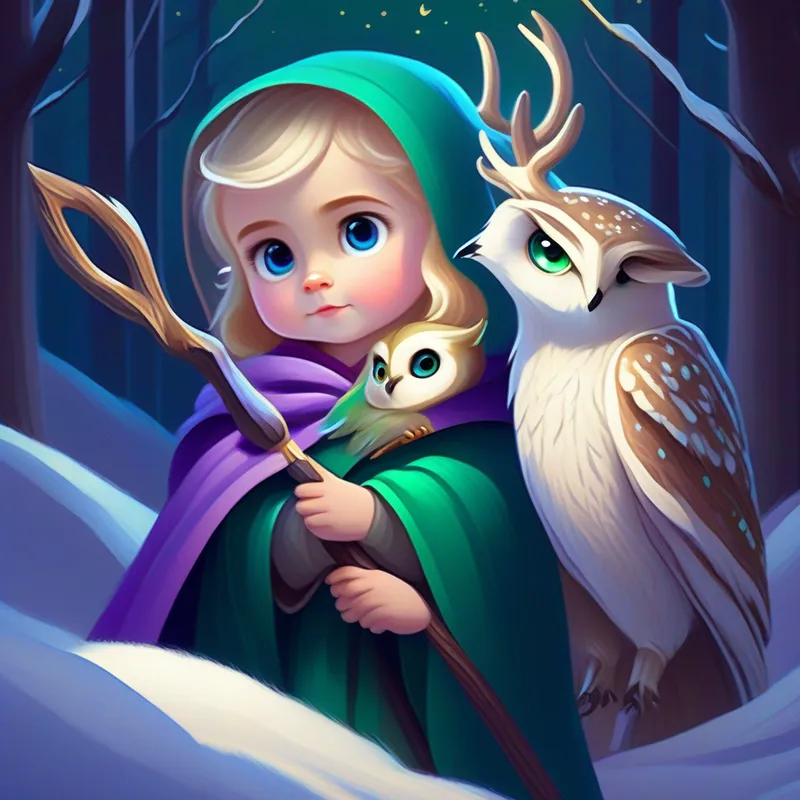 Lily: Blonde hair, emerald green eyes, wearing a purple cloak, Alex: Brown hair, blue eyes, holding a wooden staff, Moonlight: Baby owl with snow-white feathers, big shimmering eyes, and the deer forming an unbreakable bond.