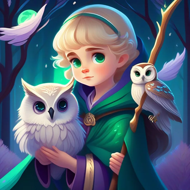 Lily: Blonde hair, emerald green eyes, wearing a purple cloak, Alex: Brown hair, blue eyes, holding a wooden staff, Moonlight: Baby owl with snow-white feathers, big shimmering eyes, and the deer saying goodbye at Darnassus.