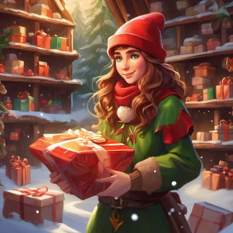 Elf with green eyes, rosy cheeks, brown hair, wearing a red hat the elf in the workshop, surrounded by gifts and snow outside.