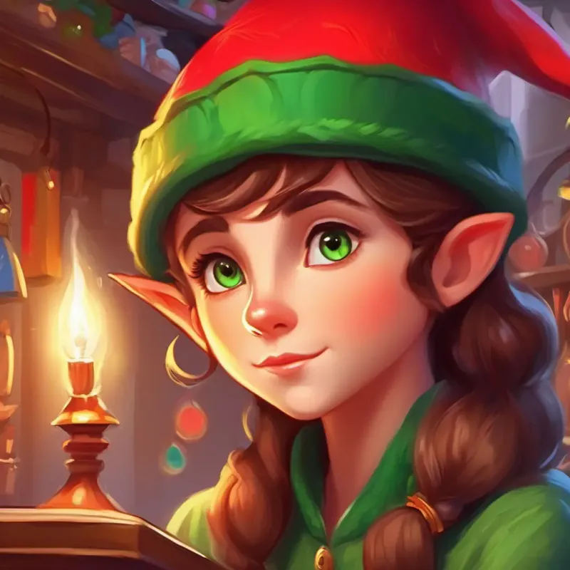 Elf with green eyes, rosy cheeks, brown hair, wearing a red hat looking thoughtful, workshop background, colorful gifts everywhere.
