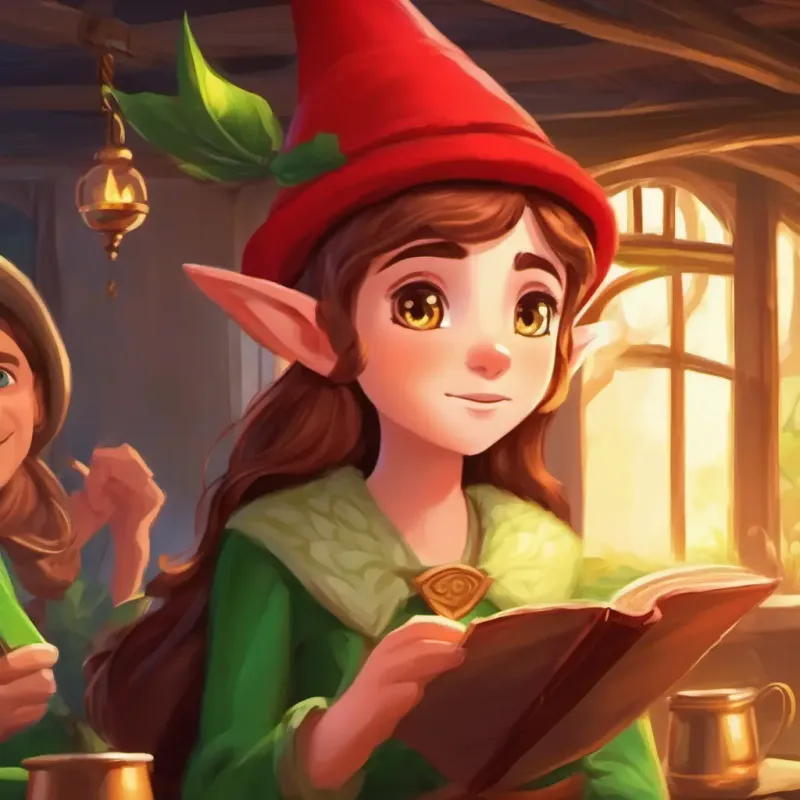 Other elves listening to Elf with green eyes, rosy cheeks, brown hair, wearing a red hat's stories, workshop cozy and bright.