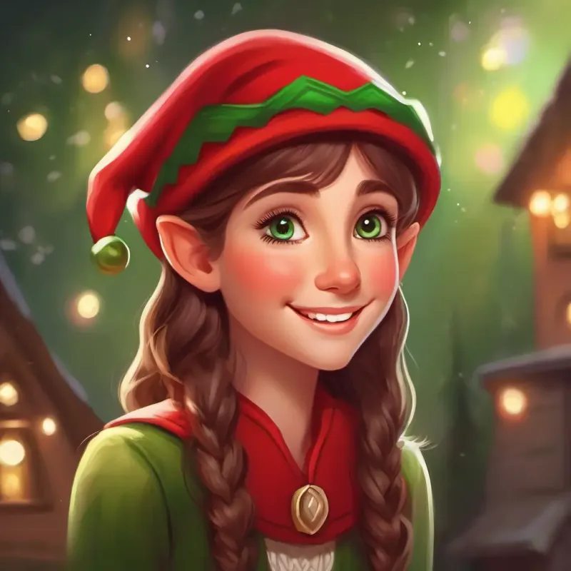 Elf with green eyes, rosy cheeks, brown hair, wearing a red hat with a content smile, workshop ready for Christmas, closing scene.