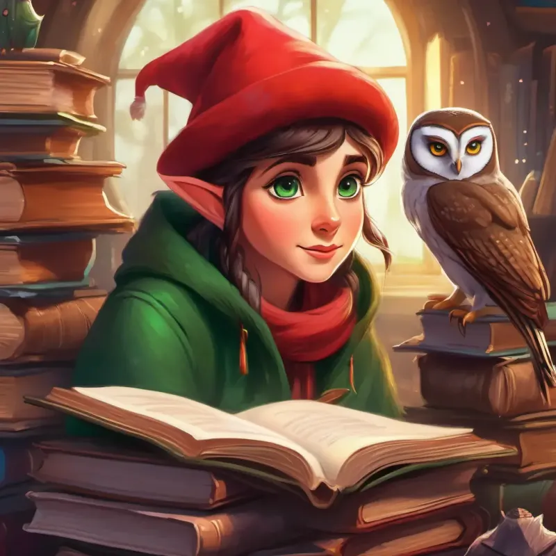 Elf with green eyes, rosy cheeks, brown hair, wearing a red hat talking to Old owl with wise grey eyes, speckled feathers, perceptive gaze, the owl perched on a pile of books.