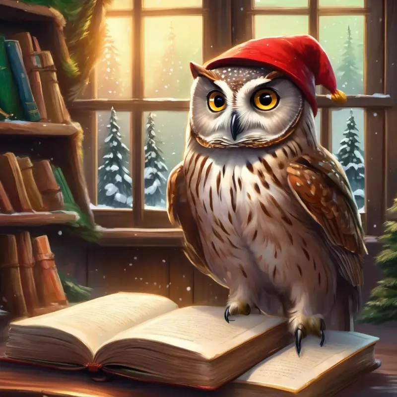 Old owl with wise grey eyes, speckled feathers, perceptive gaze the owl speaking to Elf with green eyes, rosy cheeks, brown hair, wearing a red hat, books and a snowy window in the background.