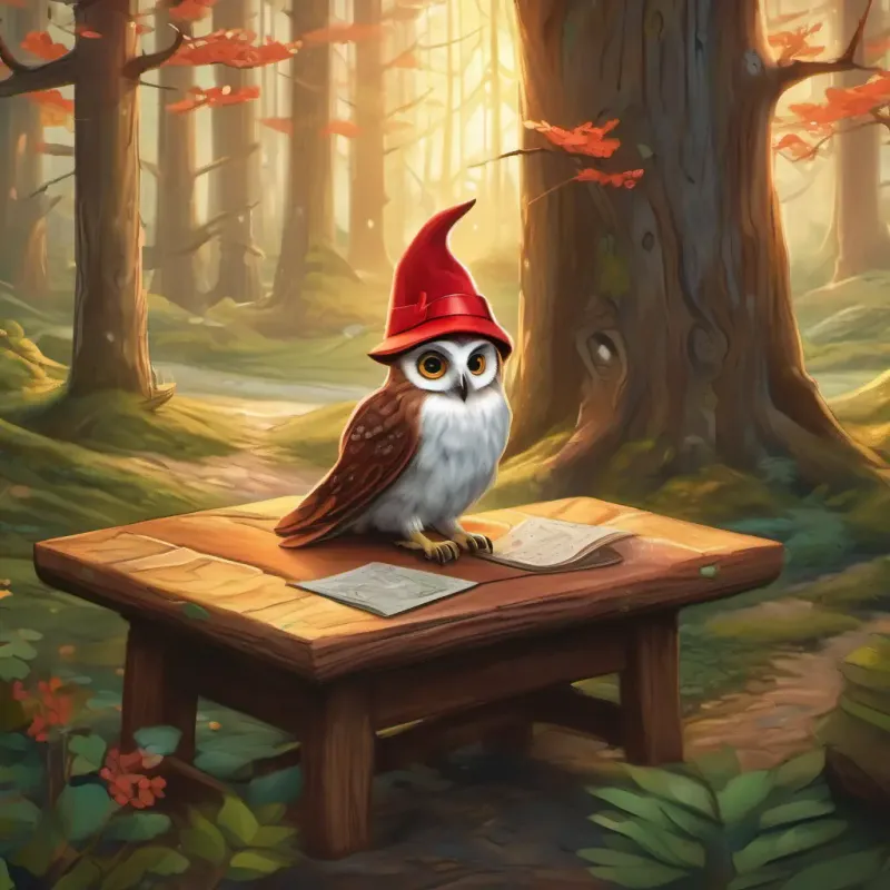 A map of Lonely Woods on table, Elf with green eyes, rosy cheeks, brown hair, wearing a red hat and Old owl with wise grey eyes, speckled feathers, perceptive gaze planning the journey.