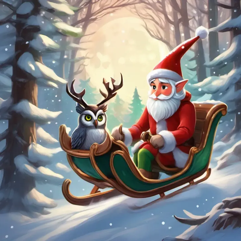 Elf with green eyes, rosy cheeks, brown hair, wearing a red hat and Old owl with wise grey eyes, speckled feathers, perceptive gaze in a sleigh, the reindeer ready, moonlit snow-covered woods ahead.