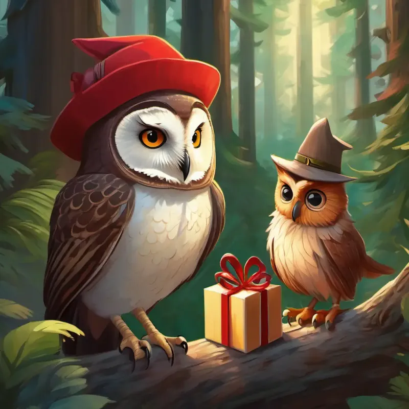 Forest animals looking curiously at Elf with green eyes, rosy cheeks, brown hair, wearing a red hat and Old owl with wise grey eyes, speckled feathers, perceptive gaze arriving with gifts.