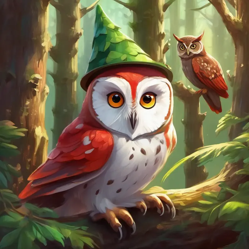 Forest creatures enjoying their gifts, Elf with green eyes, rosy cheeks, brown hair, wearing a red hat smiling, Old owl with wise grey eyes, speckled feathers, perceptive gaze nodding wisely.