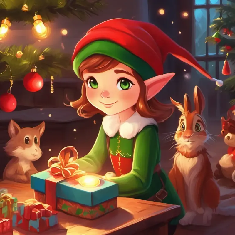 Warm, festive atmosphere, Elf with green eyes, rosy cheeks, brown hair, wearing a red hat feeling heartened, animals playing with gifts.
