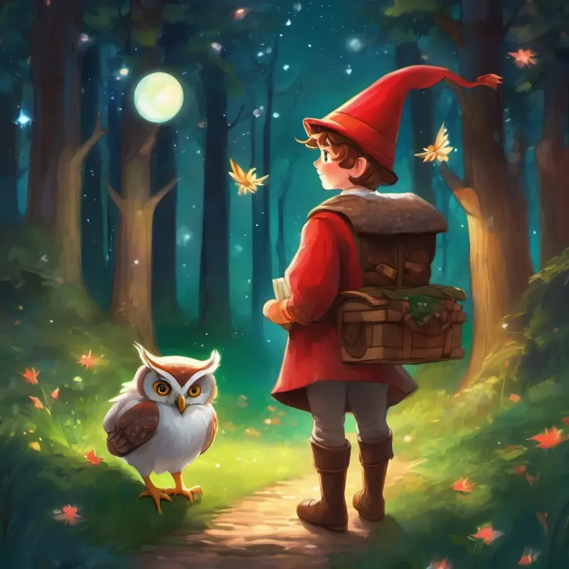 Leaving the lively forest behind, Elf with green eyes, rosy cheeks, brown hair, wearing a red hat and Old owl with wise grey eyes, speckled feathers, perceptive gaze heading back, stars shining brightly.