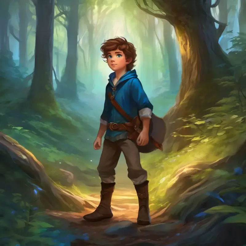 Brave boy with brown hair, blue eyes, spirited adventurer decides to explore the haunted woods, unfazed by warnings.