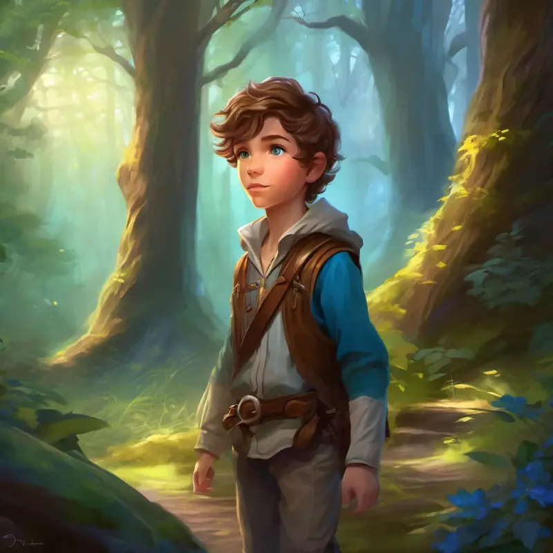Brave boy with brown hair, blue eyes, spirited adventurer hears eerie whispers calling his name in the woods.
