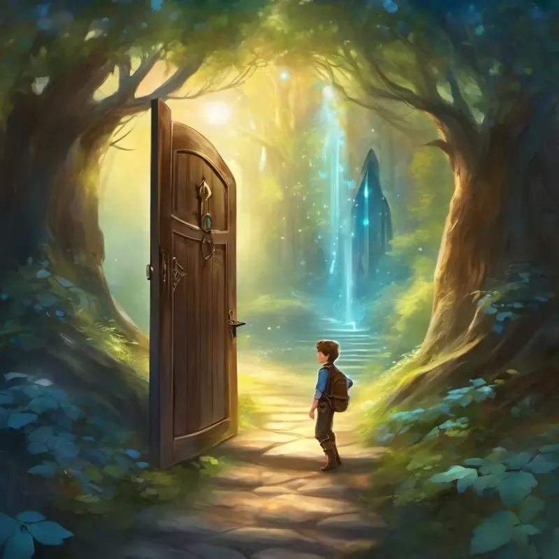 Using the key, Brave boy with brown hair, blue eyes, spirited adventurer opens the door and escapes the silent woods.