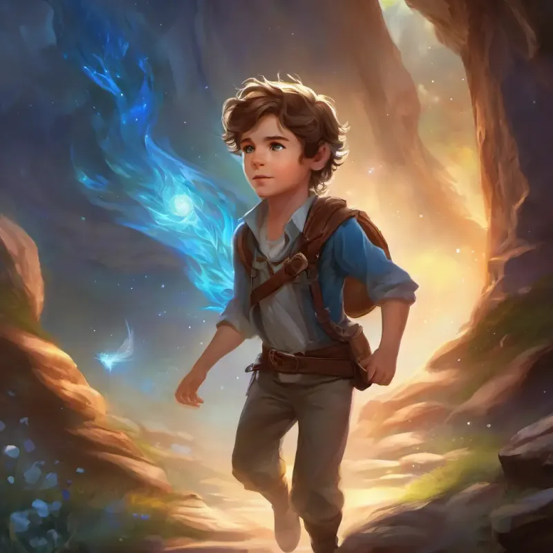 Safe at home, Brave boy with brown hair, blue eyes, spirited adventurer is occasionally reminded of his eerie adventure.