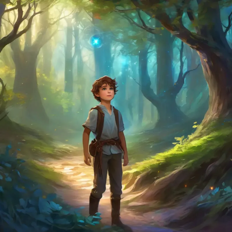 The woods darken, and Brave boy with brown hair, blue eyes, spirited adventurer realizes he's lost.