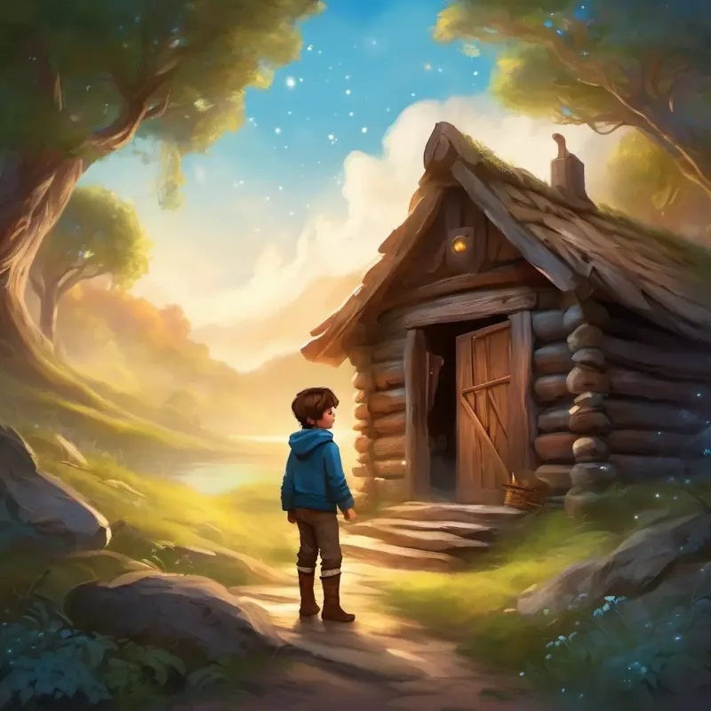 Brave boy with brown hair, blue eyes, spirited adventurer finds an old cabin and enters despite the whispers.