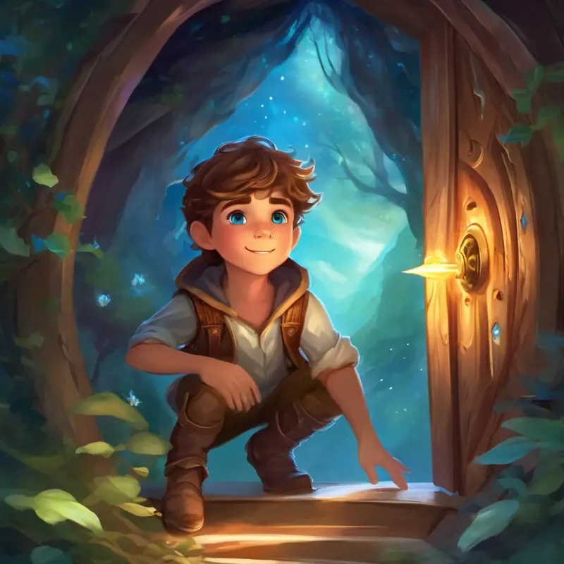 Brave boy with brown hair, blue eyes, spirited adventurer is trapped as the cabin door shuts on its own.