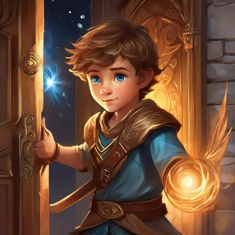 Brave boy with brown hair, blue eyes, spirited adventurer panics and hears mocking whispers as the door won't open.