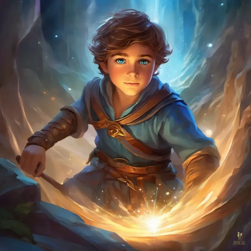 Brave boy with brown hair, blue eyes, spirited adventurer recalls advice and defies the whispers, finding a key.