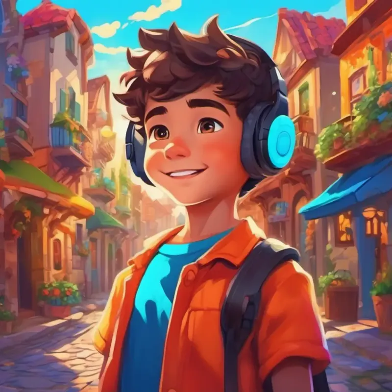 Introduction: A young boy with bright, curious eyes, and a confident smile's love for gaming and virtual reality, in the colorful town