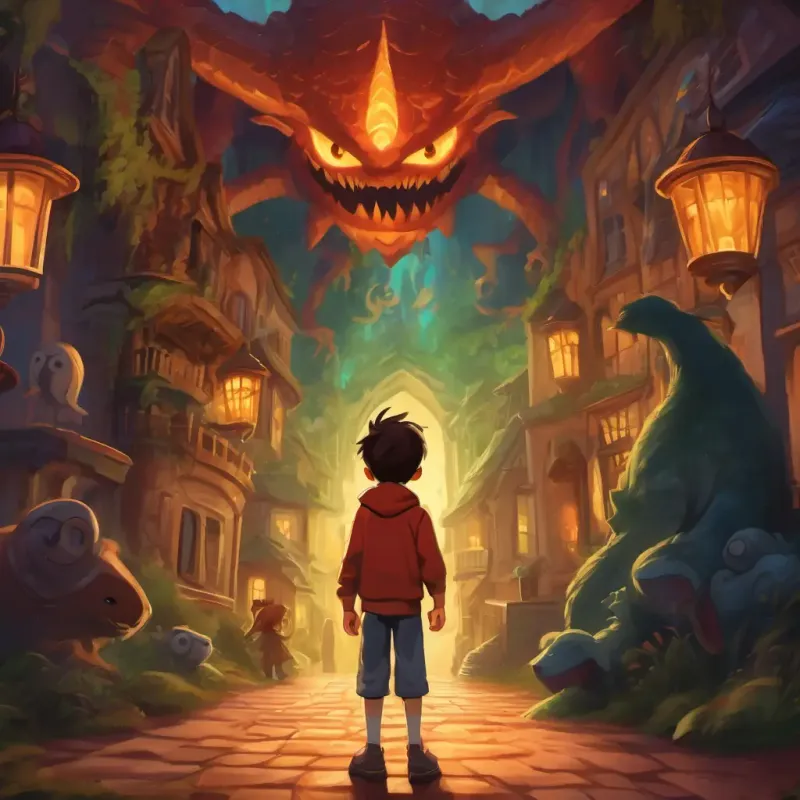 A young boy with bright, curious eyes, and a confident smile's realization and determination to overcome his fears, facing monstrous creatures and haunted houses