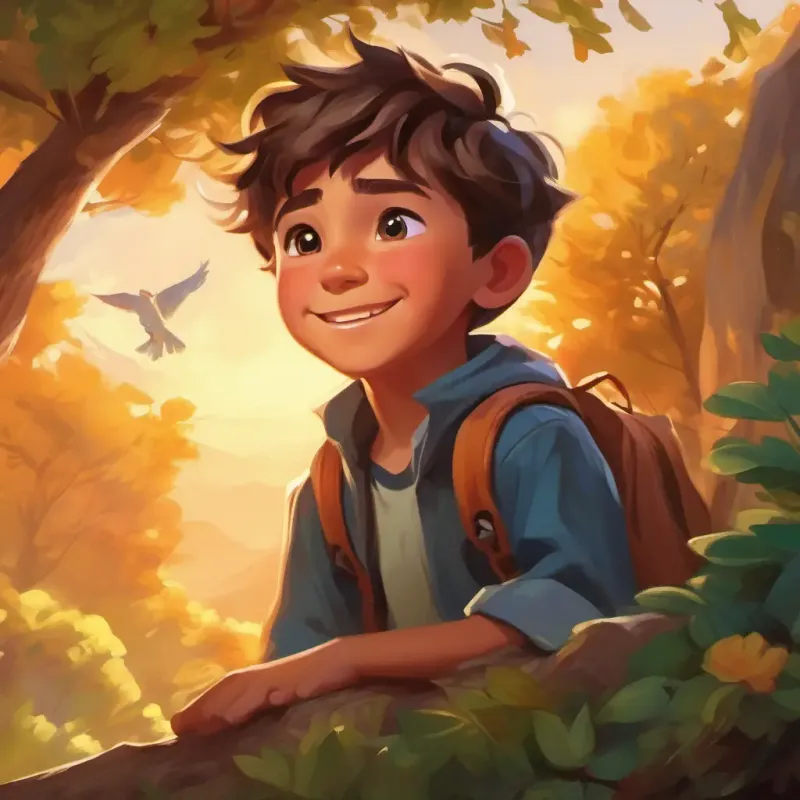 A young boy with bright, curious eyes, and a confident smile's growing bravery and determination, overcoming challenges with teamwork and inner strength