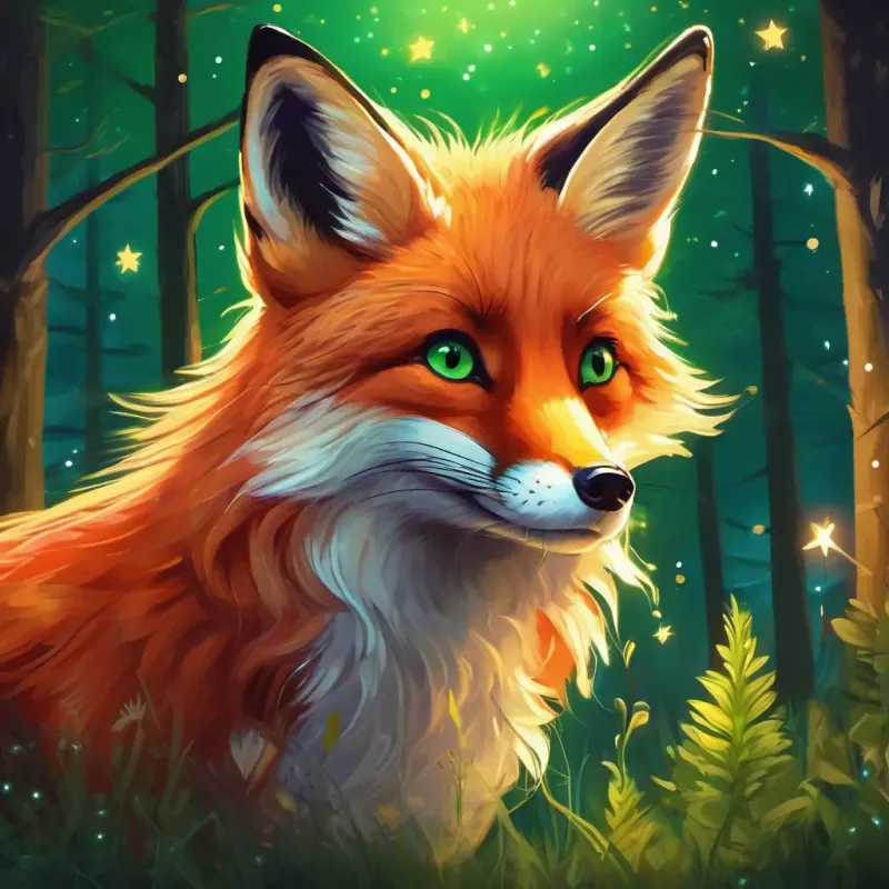Playful red fox, bright green eyes in the forest, listening to a story, under a starry night.