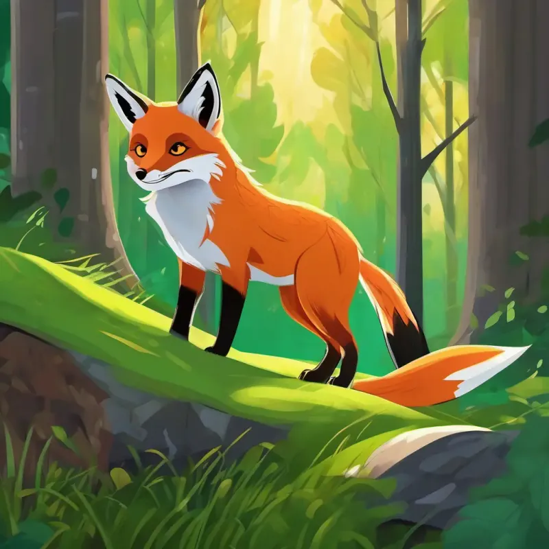 Playful red fox, bright green eyes and Wise gray owl, golden eyes at the edge of the forest, ready for adventure.
