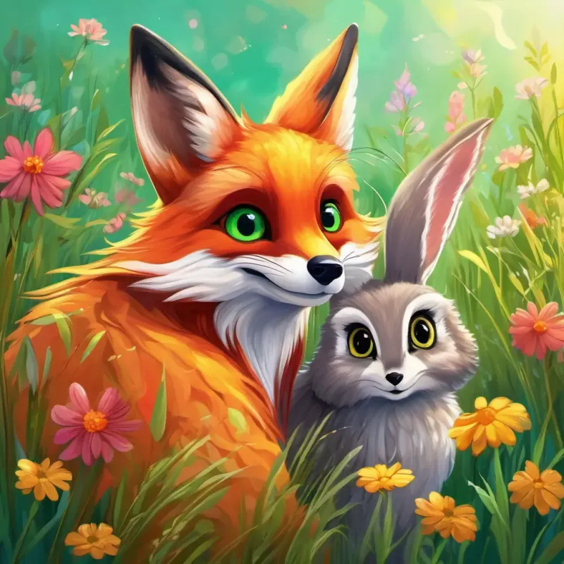 Playful red fox, bright green eyes and Wise gray owl, golden eyes meeting Mischievous brown rabbit, big sparkling eyes, surrounded by colorful flowers and tall grass.