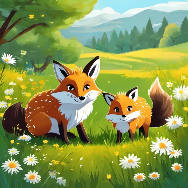 Playful red fox, bright green eyes, Wise gray owl, golden eyes, Mischievous brown rabbit, big sparkling eyes, and Friendly spiky hedgehog, shiny black eyes journeying through a sunlit meadow filled with daisies.