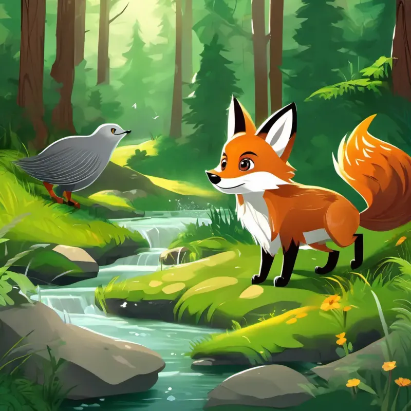 Playful red fox, bright green eyes, Wise gray owl, golden eyes, Mischievous brown rabbit, big sparkling eyes, and Friendly spiky hedgehog, shiny black eyes adventuring over a crystal-clear stream and into a thick, green forest.