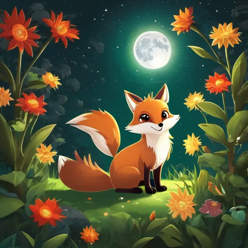 Playful red fox, bright green eyes, Wise gray owl, golden eyes, Mischievous brown rabbit, big sparkling eyes, and Friendly spiky hedgehog, shiny black eyes, surrounded by moonlight, gazing at the beautiful Moonflower.