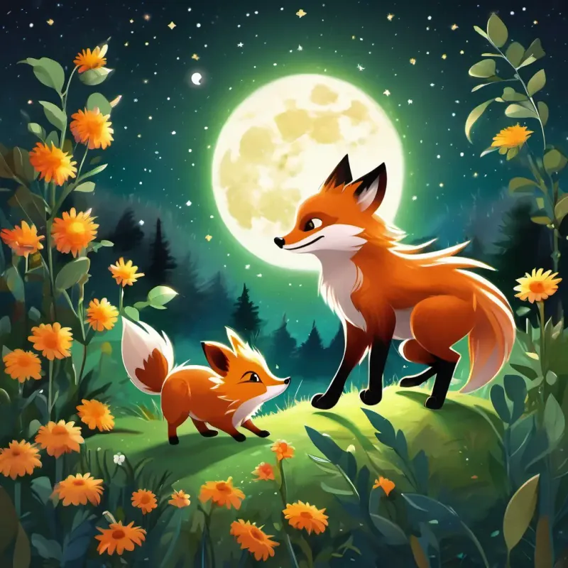 Playful red fox, bright green eyes, Wise gray owl, golden eyes, Mischievous brown rabbit, big sparkling eyes, and Friendly spiky hedgehog, shiny black eyes dancing joyfully around the Moonflower, under the bright full moon.