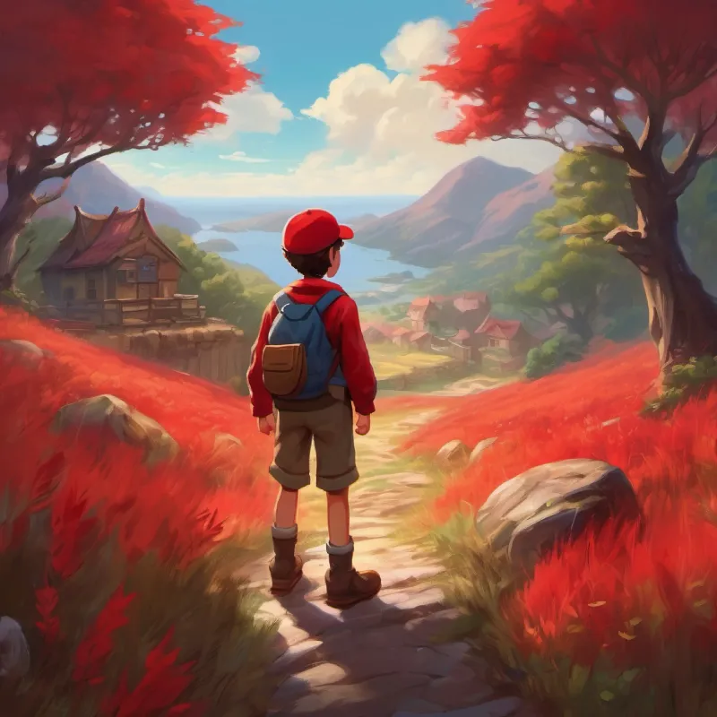 Introduction of the desolate world and protagonist Boy with brave heart, wearing a red cap, curious eyes.