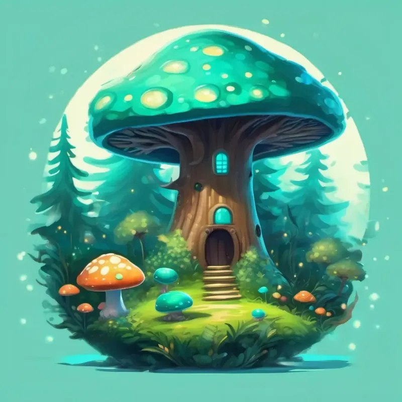 Introduction to the setting and main character, the forest, and Cheerful teal color with bright, sparkling eyes the fungal spore.