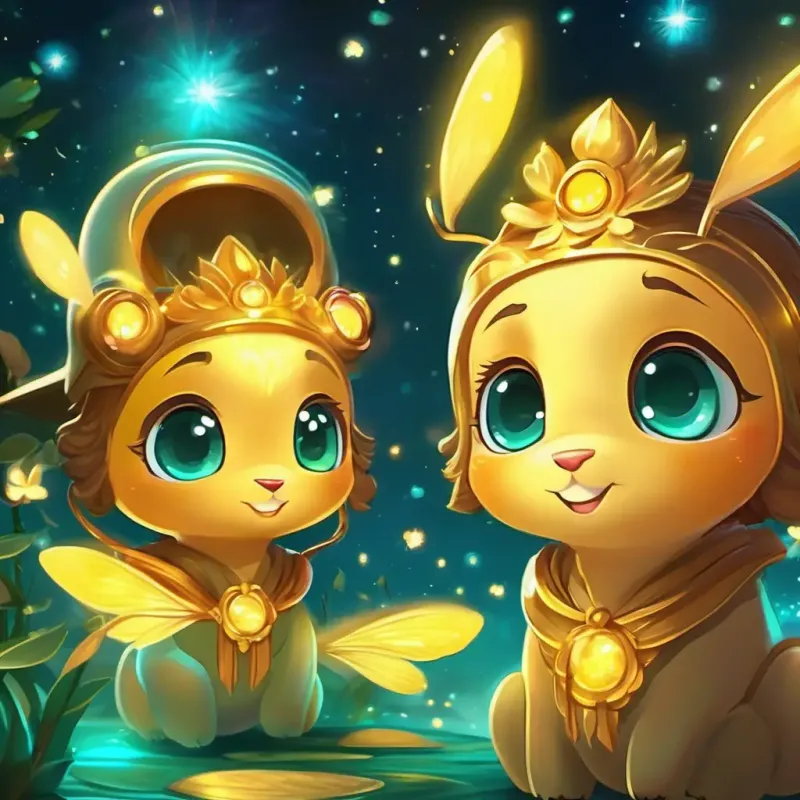 Introduction of Glowing golden with twinkling eyes, the firefly, and the beginning of Cheerful teal color with bright, sparkling eyes's positive communication journey.