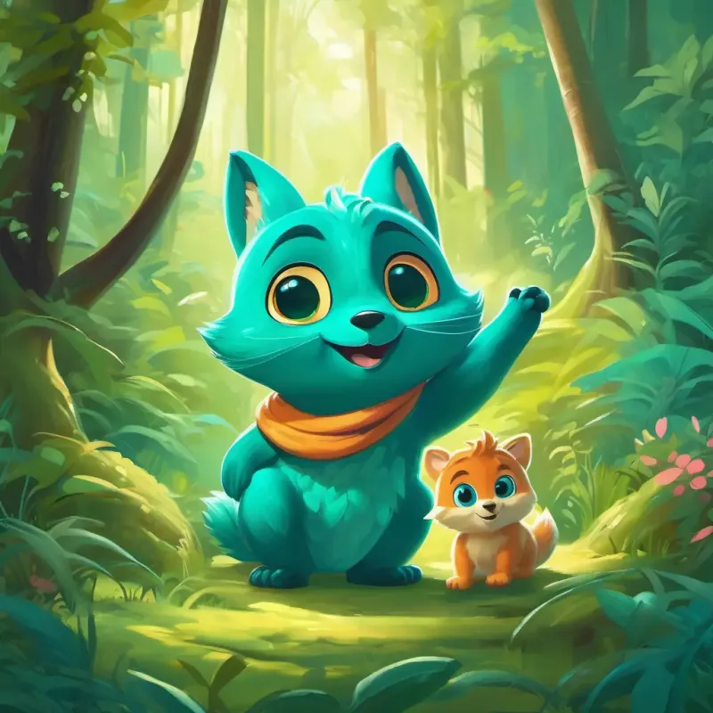 Cheerful teal color with bright, sparkling eyes's positive progress and making friends with the forest creatures.