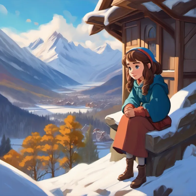Introduction to Young girl, brave, inquisitive, brown hair, blue eyes and her dream, snowy mountains setting