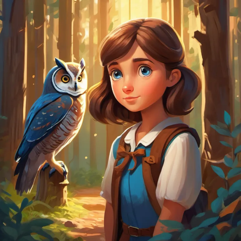 Young girl, brave, inquisitive, brown hair, blue eyes meets owl, gains first clue, forest setting