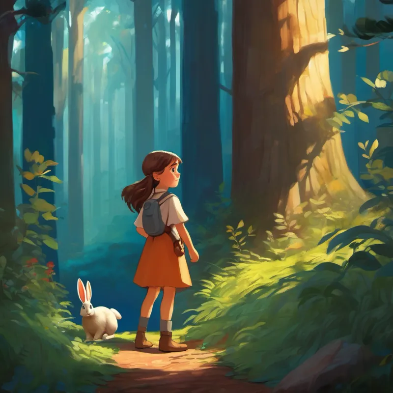 Young girl, brave, inquisitive, brown hair, blue eyes befriends rabbit, continues her quest, deeper into the forest